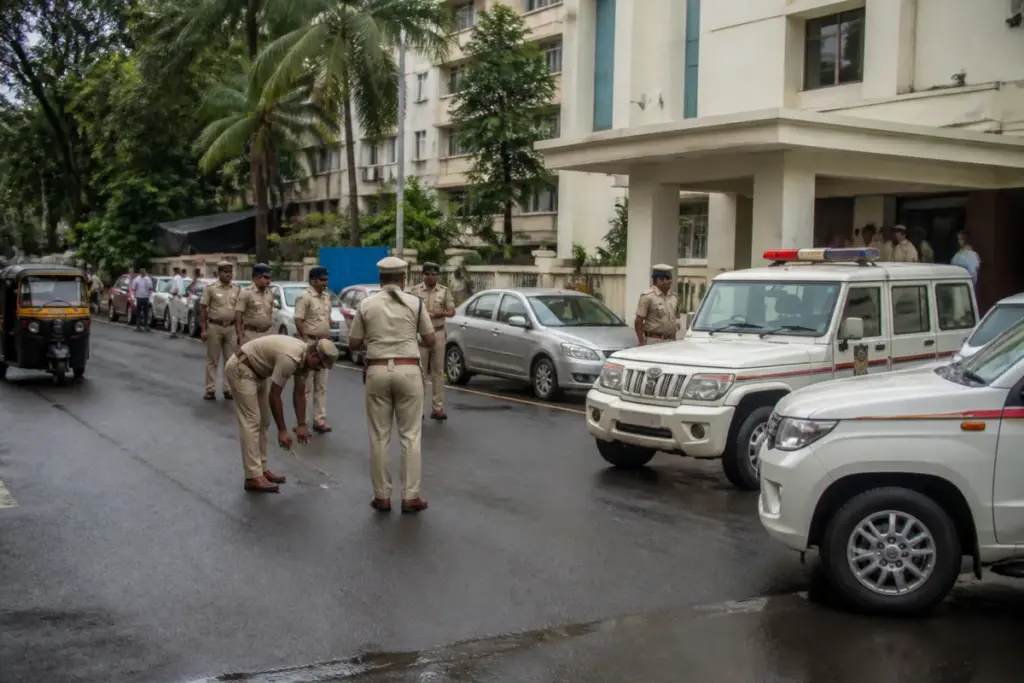 Tiger Shroff firing case coverage showing Mumbai Police vehicles near a Juhu street