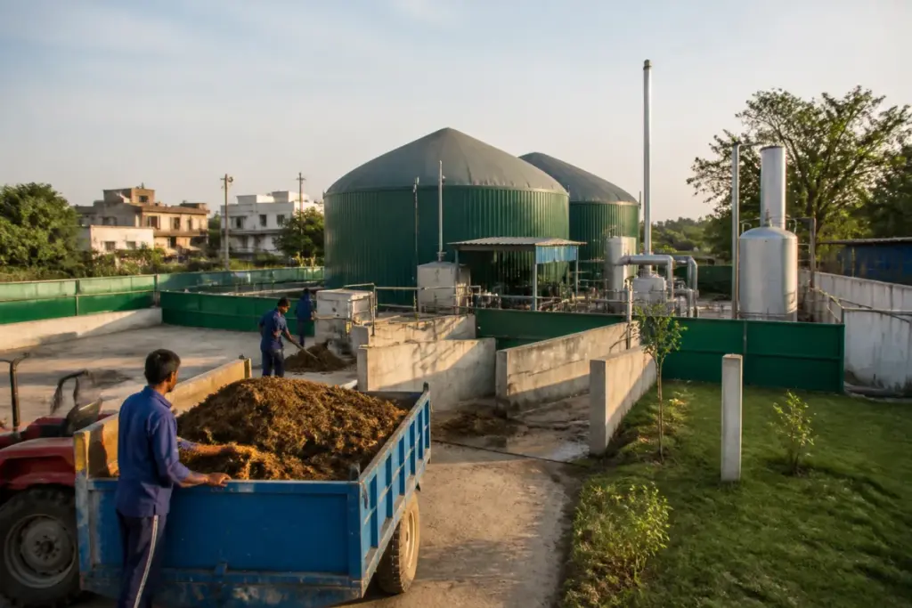 Delhi biogas plant at Goyla Dairy designed to process cattle dung into compressed biogas