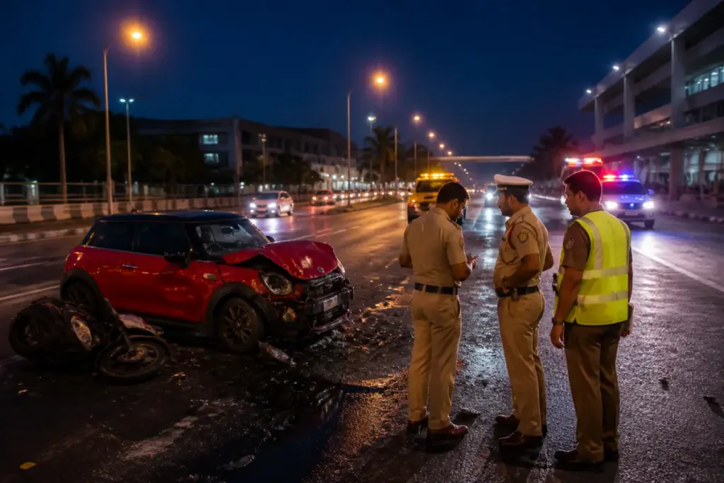Police and traffic officials at the site of the Kochi Mini Cooper crash near Nedumbassery