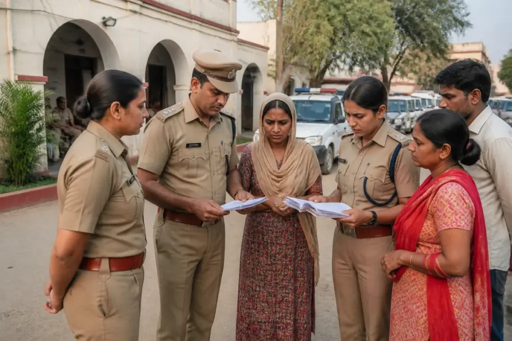Lakhimpur Kheri police personnel conducting a women’s safety and missing persons operation
