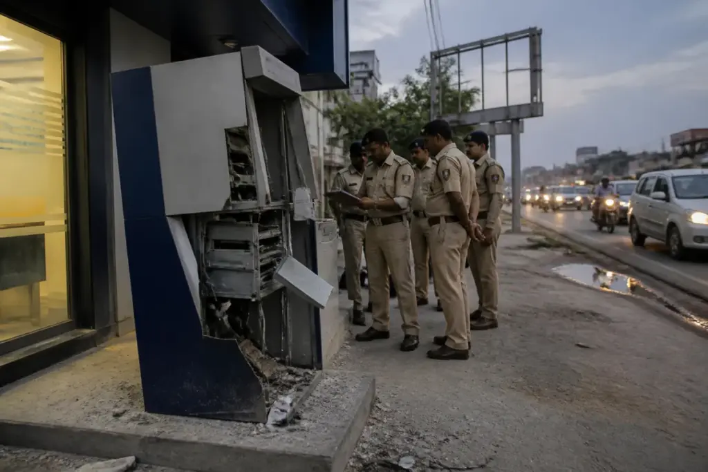 Shamshabad ATM theft investigation involving a damaged cash machine and police evidence