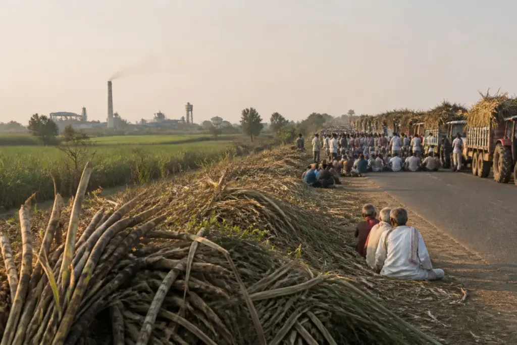 Karnataka sugarcane farmers protest delays the crushing season in North Karnataka