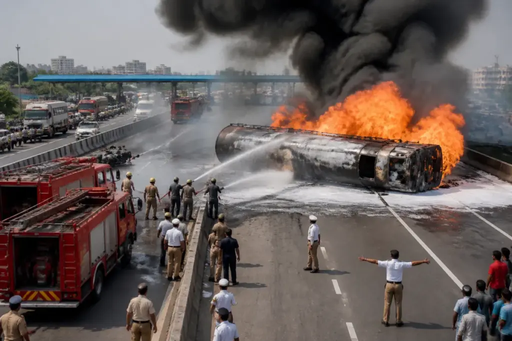 Bengaluru chemical tanker fire near the Kanakapura toll plaza on NICE Road
