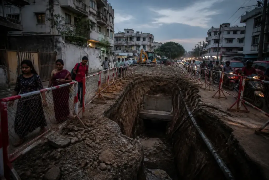 Pune drainage accident site showing a deep road excavation near Yerawada