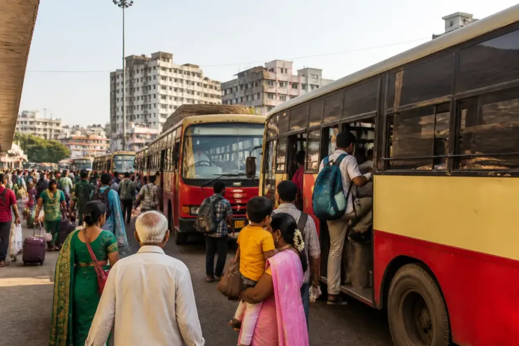 Pune Diwali special buses at a busy Maharashtra ST bus terminal