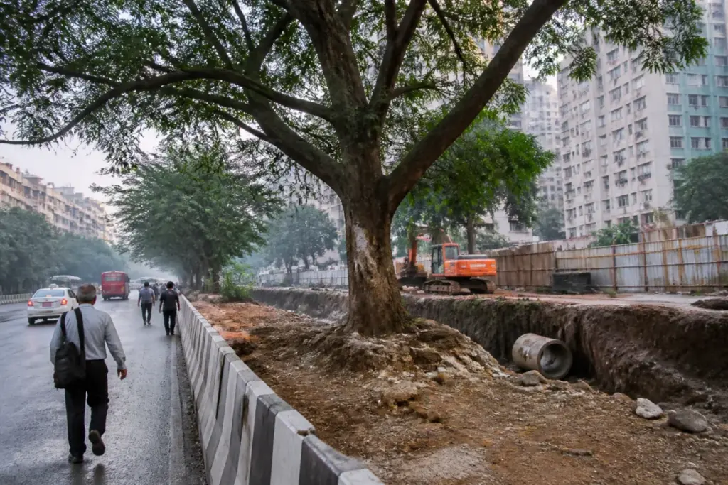 Pune tree cutting beside a dense urban road and construction site