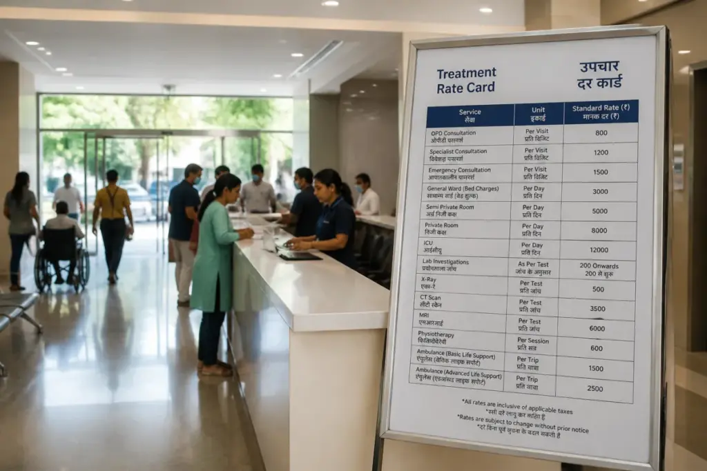 Pune private hospitals rate cards displayed at a hospital registration counter