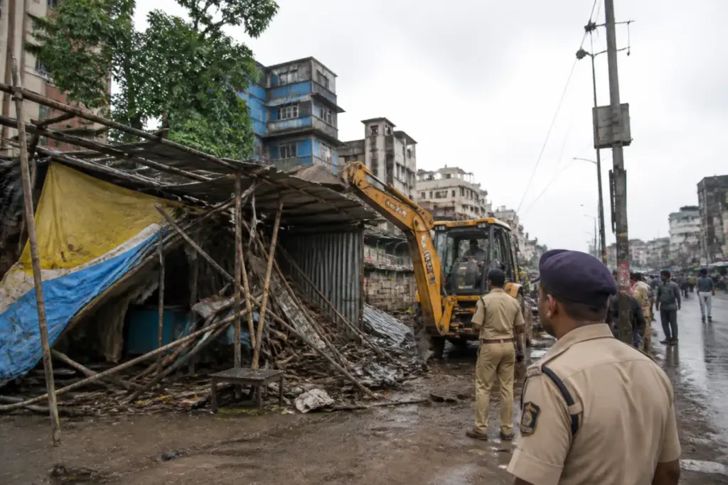 Pune PMC encroachment action at an unauthorised roadside structure being cleared by civic workers