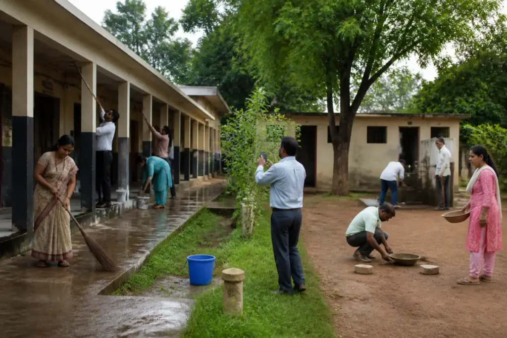 Maharashtra school cleanliness drive with teachers cleaning a public school campus