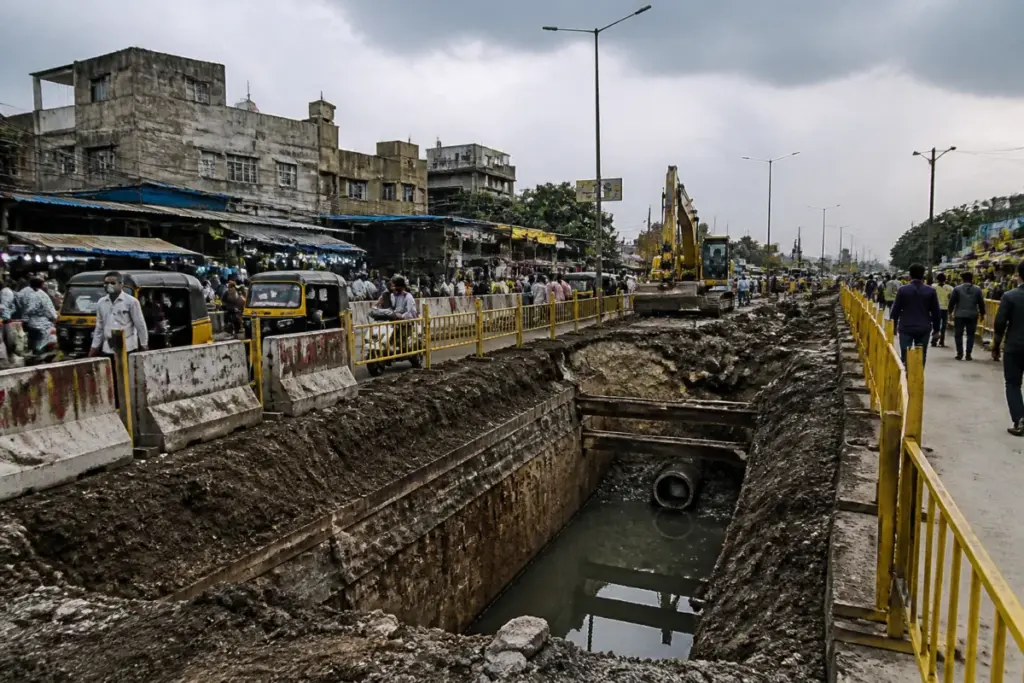 Pune drainage pit death site near Yerwada fish market with a barricaded road excavation