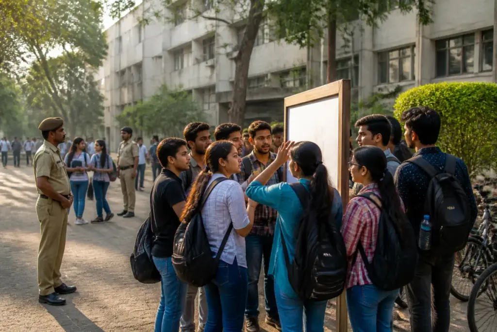 Maharashtra student elections proposed at a college campus with students gathered outside