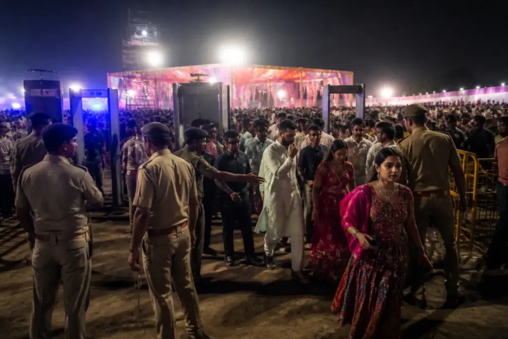 Police presence near a crowded garba venue after the Santej garba clash near Ahmedabad