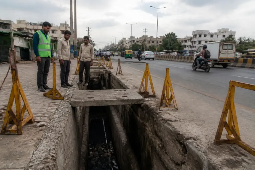 Ahmedabad open drain beside a busy road, with barricades and municipal workers at the site