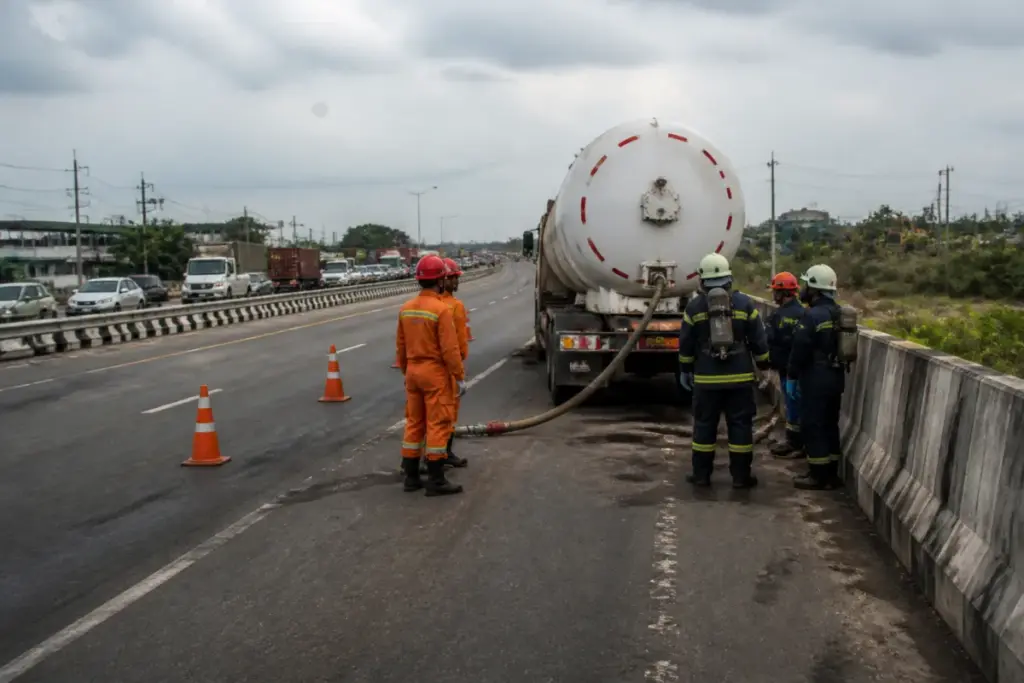Emergency response near a reported LPG tanker leak on the Bharat Mala Highway near Nandesari