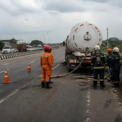 Emergency response near a reported LPG tanker leak on the Bharat Mala Highway near Nandesari