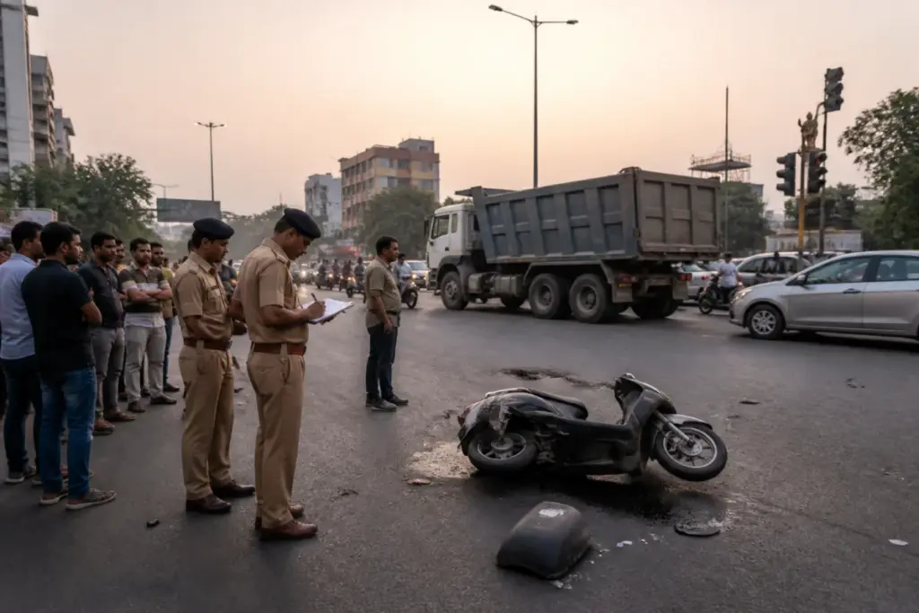 Ahmedabad road accident scene near a busy urban crossroads with a damaged two-wheeler and traffic police
