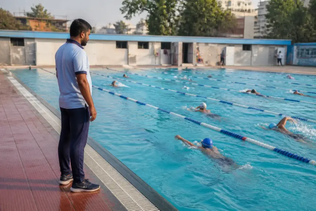 Ahmedabad municipal swimming pools with a coach supervising swimmers