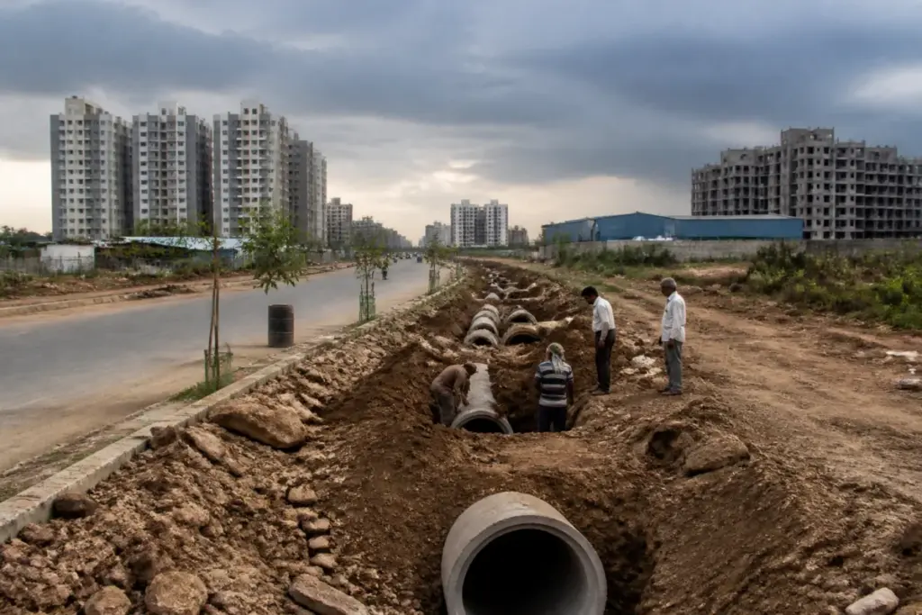 Ahmedabad drainage project area near Kathwada with urban construction and civic infrastructure