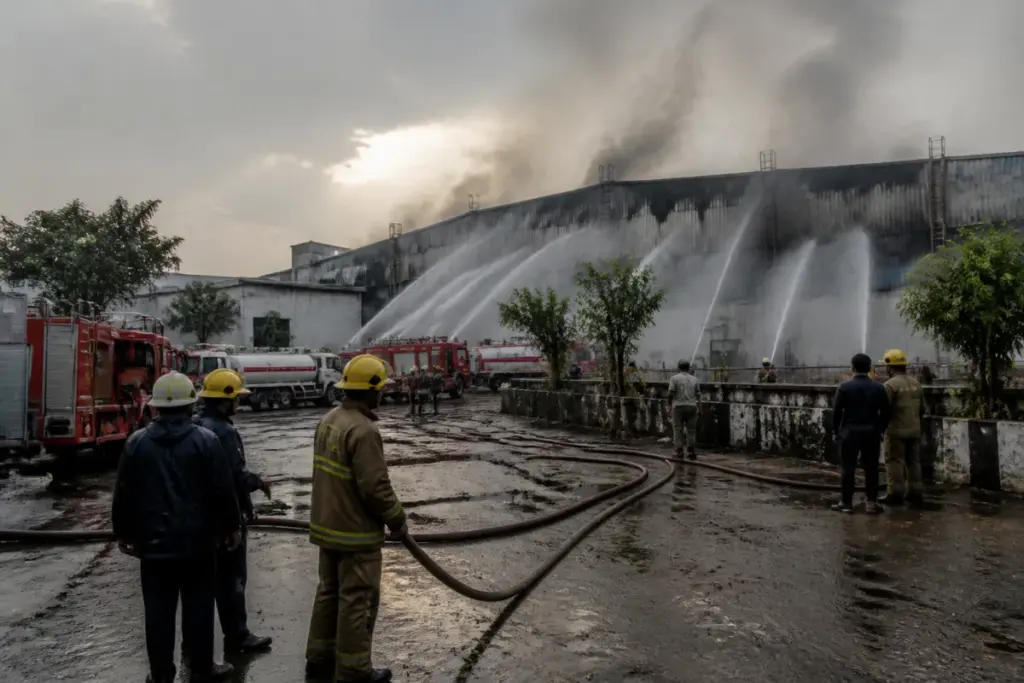 Firefighters tackling the Jabalpur factory fire at the Richhai industrial area.