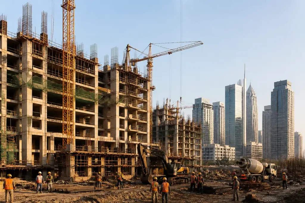 Piramal Finance realty lending represented by a construction project and financial district skyline