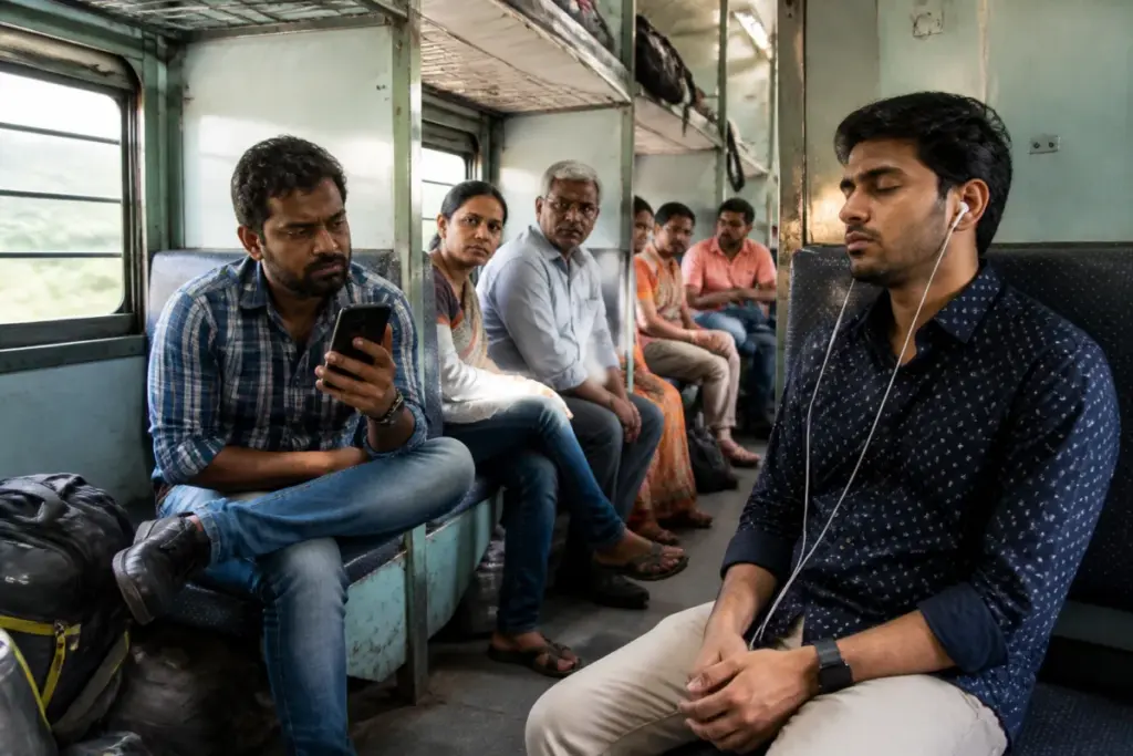 Indian Railways loud phone rule notice inside a crowded train coach
