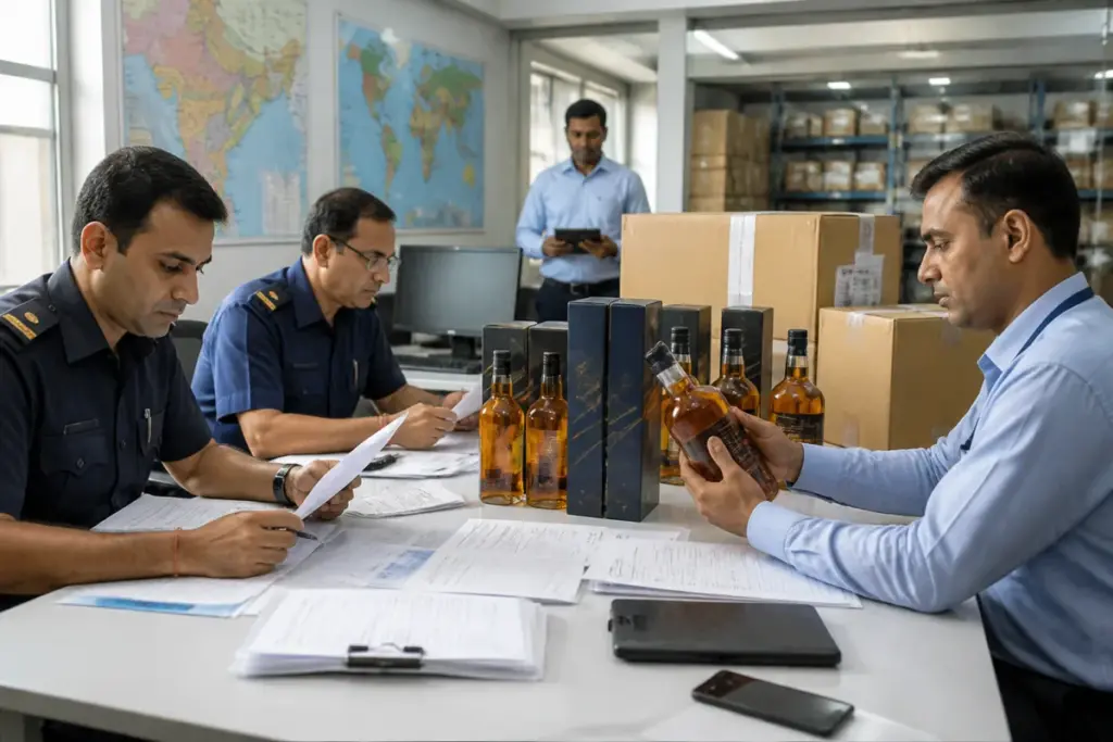 Scotch whisky imports and tariff documents at an Indian customs review