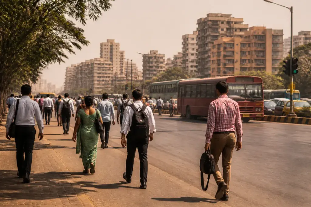 Mumbai temperature rises above normal as residents move through a hot city street