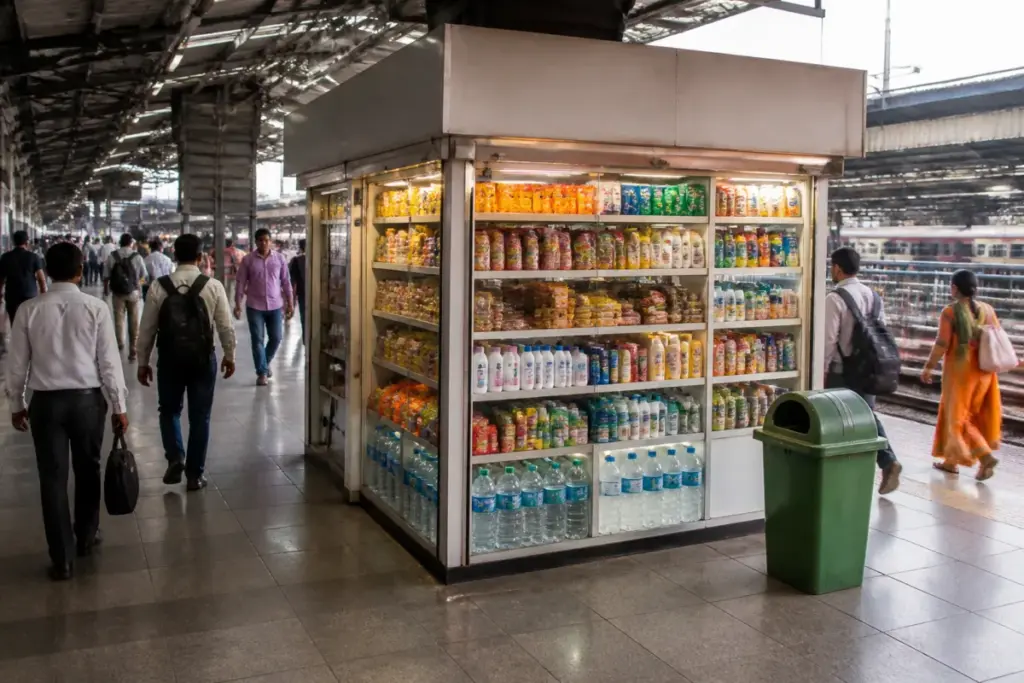 Central Railway grocery kiosk selling packaged essentials at a Mumbai railway station