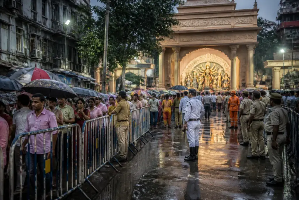 Kolkata puja stampede site near a crowded Durga Puja pandal exit