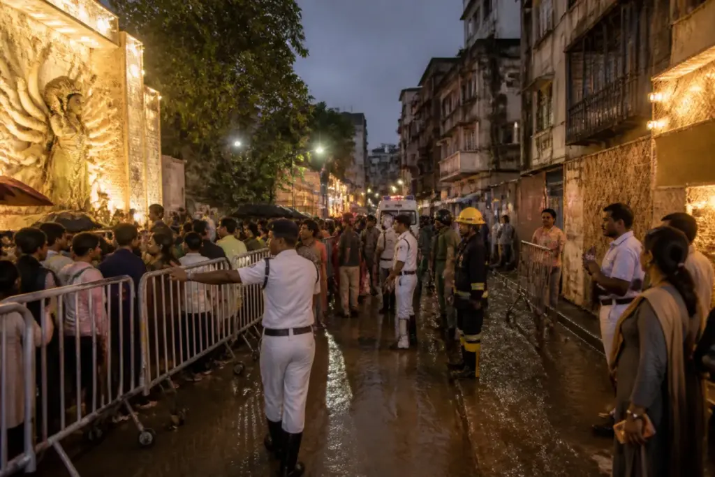 Kolkata pandal stampede site with barricades and crowded festival access lanes