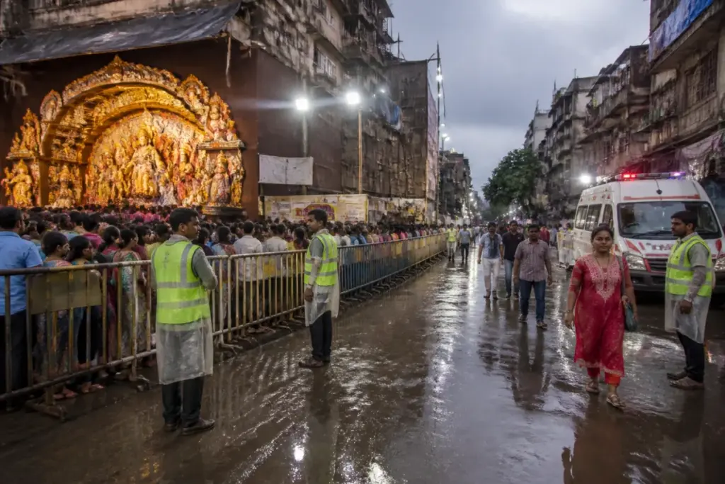 Kolkata Durga Puja safety measures at a crowded pandal entrance with volunteers and barricades