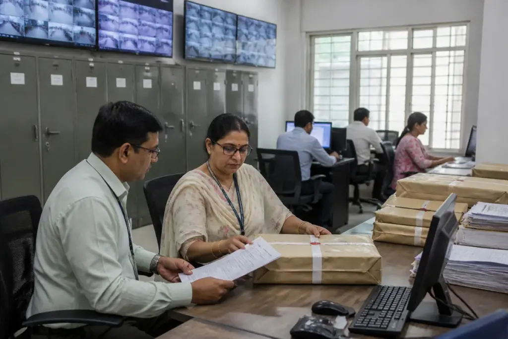 Maharashtra exam reforms shown through a university examination office and secure question-paper handling