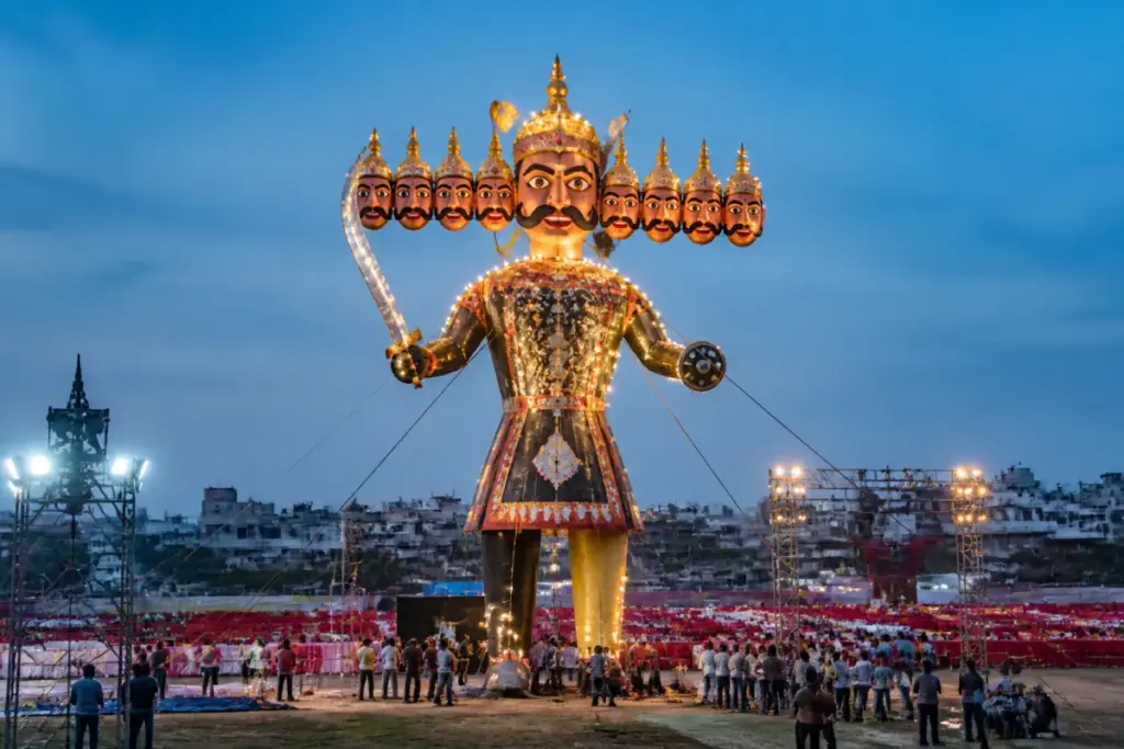 Delhi Dussehra Ravana effigy prepared for a choreographed burning ceremony at a Ramlila ground