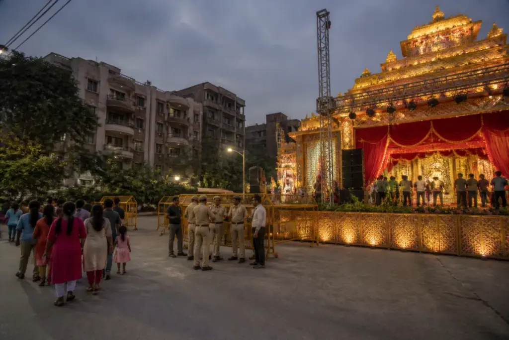Delhi Durga Puja loudspeaker dispute at a decorated CR Park festival venue
