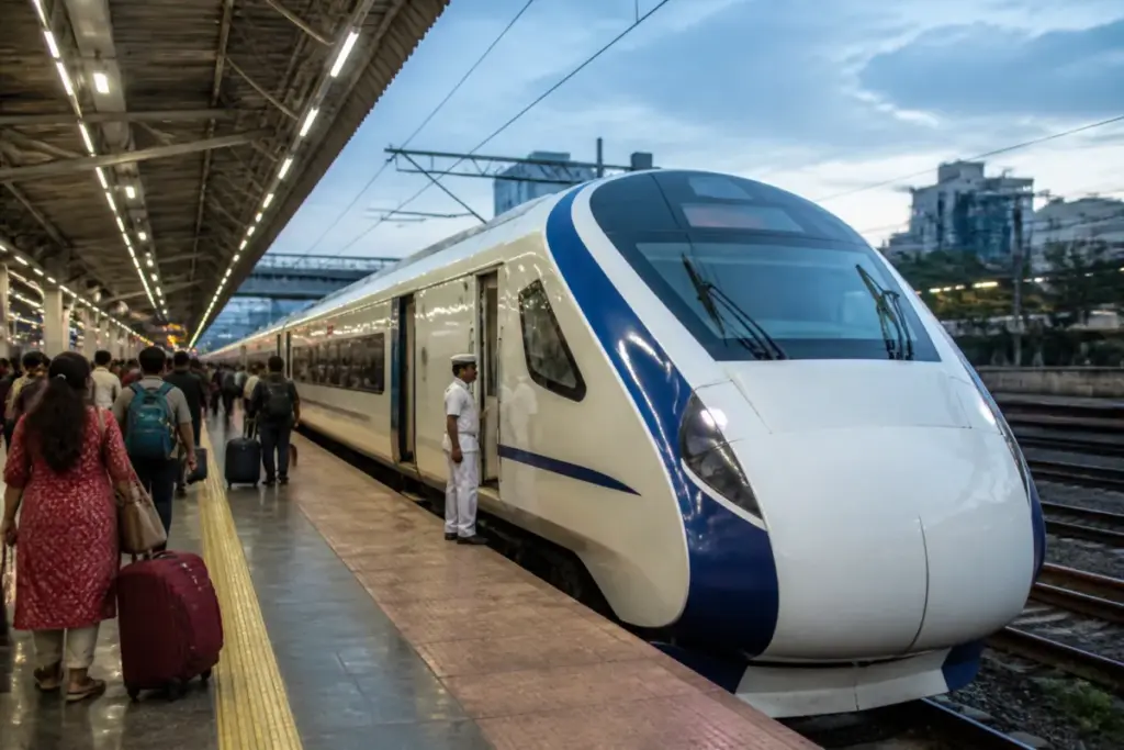 Bengaluru-Mumbai Vande Bharat sleeper train at a railway platform