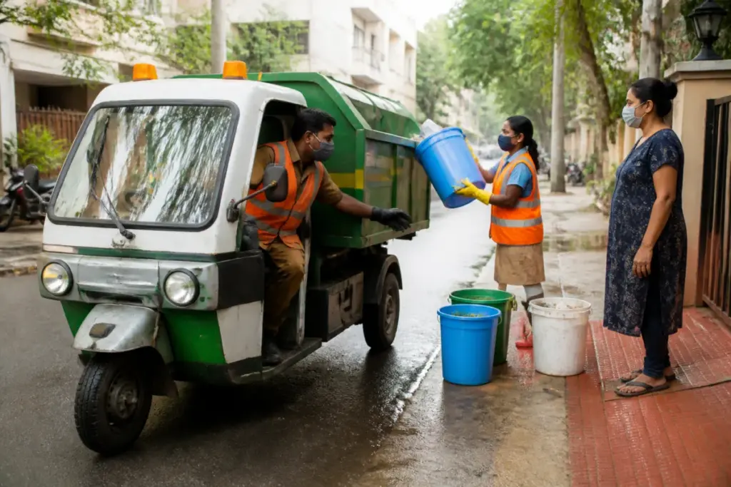 Bengaluru waste management workers and an auto-tipper collecting household waste on a city street