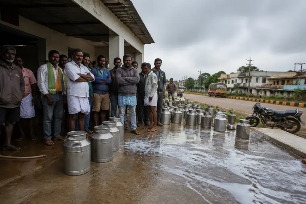 Bengaluru dairy farmers protest by spilling milk at a Narayanapura cooperative society
