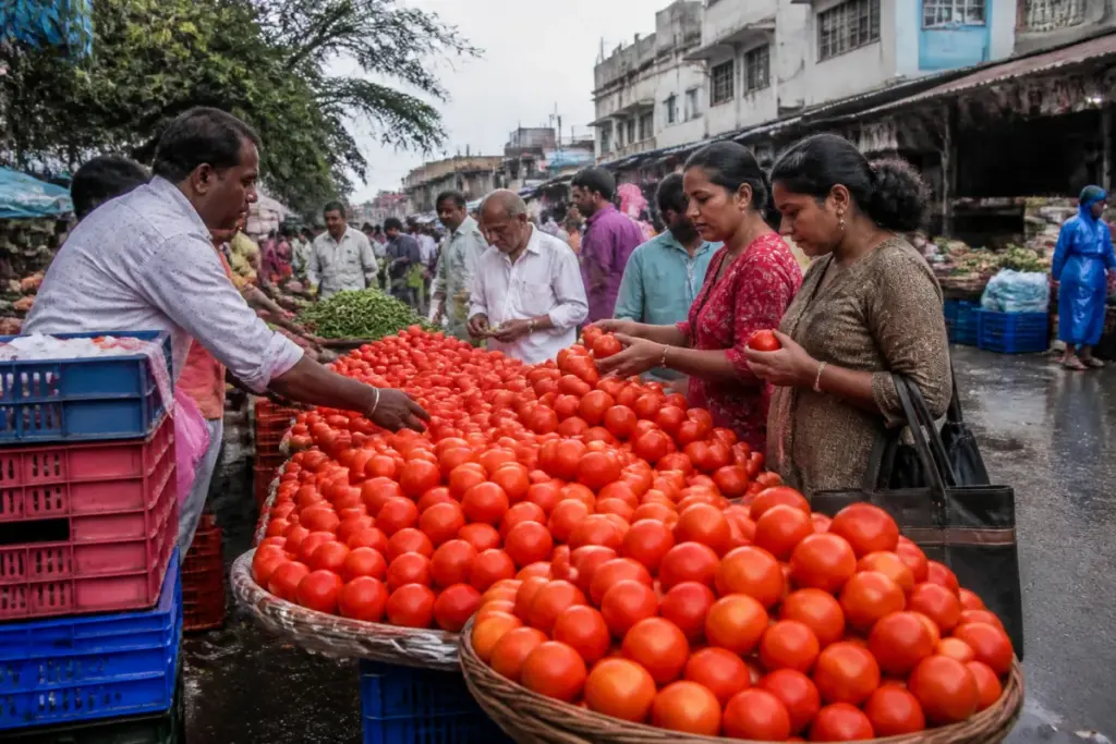 Tomato prices Bengaluru fall as vendors display tomatoes at a city market