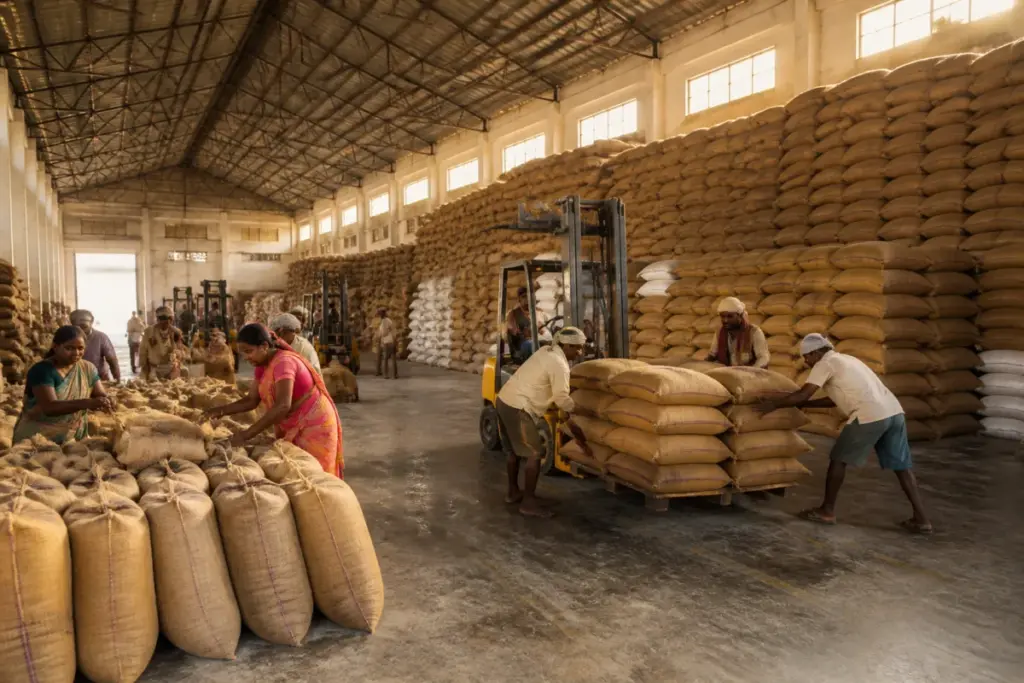 Telangana foodgrain buffer stocks stored in government rice godowns for PDS distribution