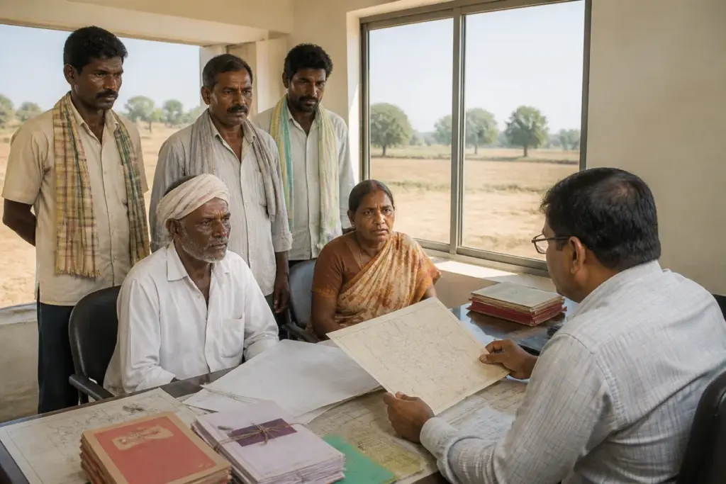 Telangana land rights officials reviewing rural land records with farmers at a revenue office