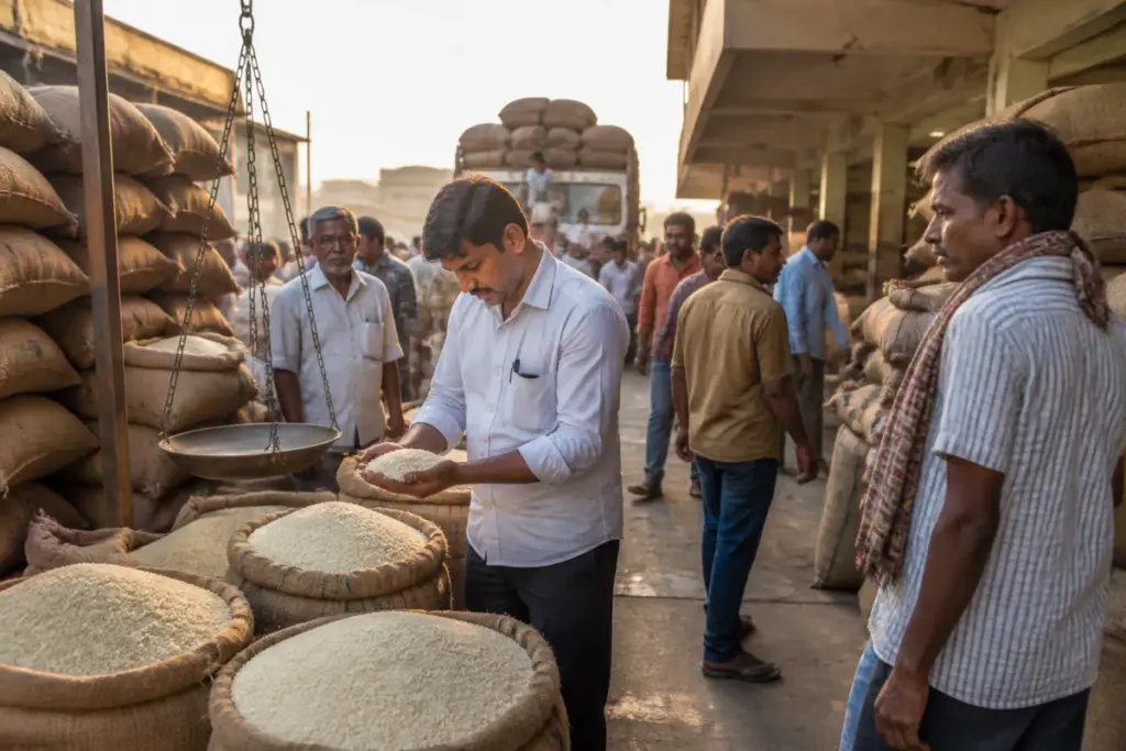 Telangana rice prices displayed at a Hyderabad wholesale grain market