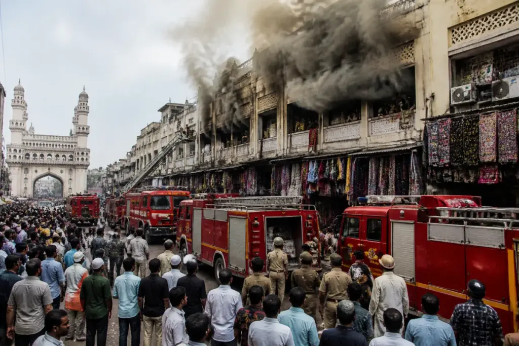 Firefighters tackle a Hyderabad fire at shops near Madina Circle and Charminar.