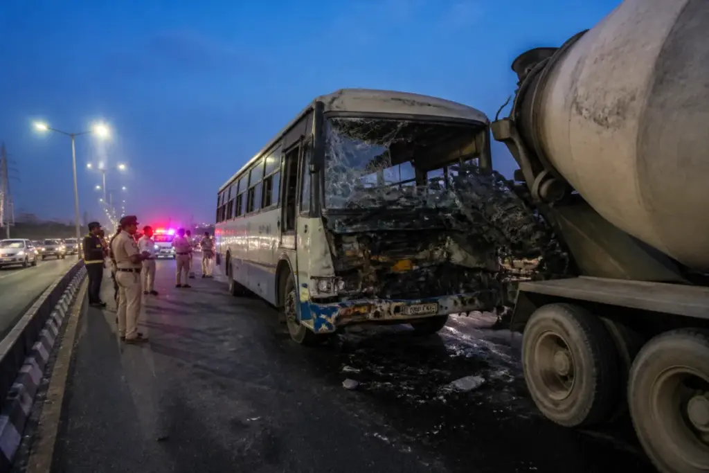 Batasingaram flyover crash scene involving a bus and cement lorry near Hyderabad