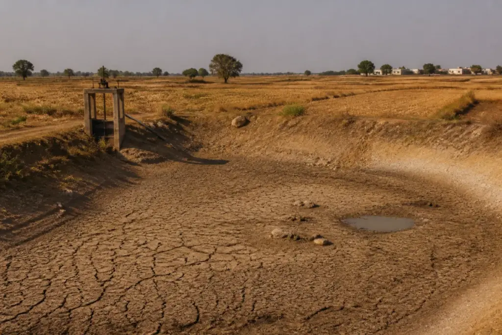 Telangana drought crisis affecting a dry irrigation tank and farmland in North Telangana