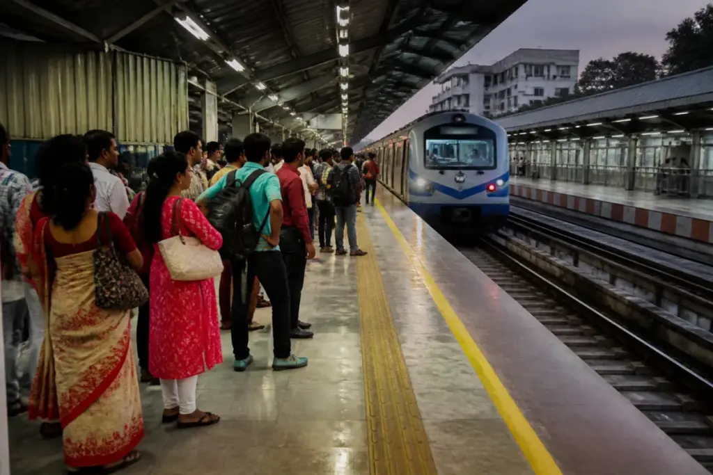 Kolkata Metro train at a station during the Maha Ashtami evening rush