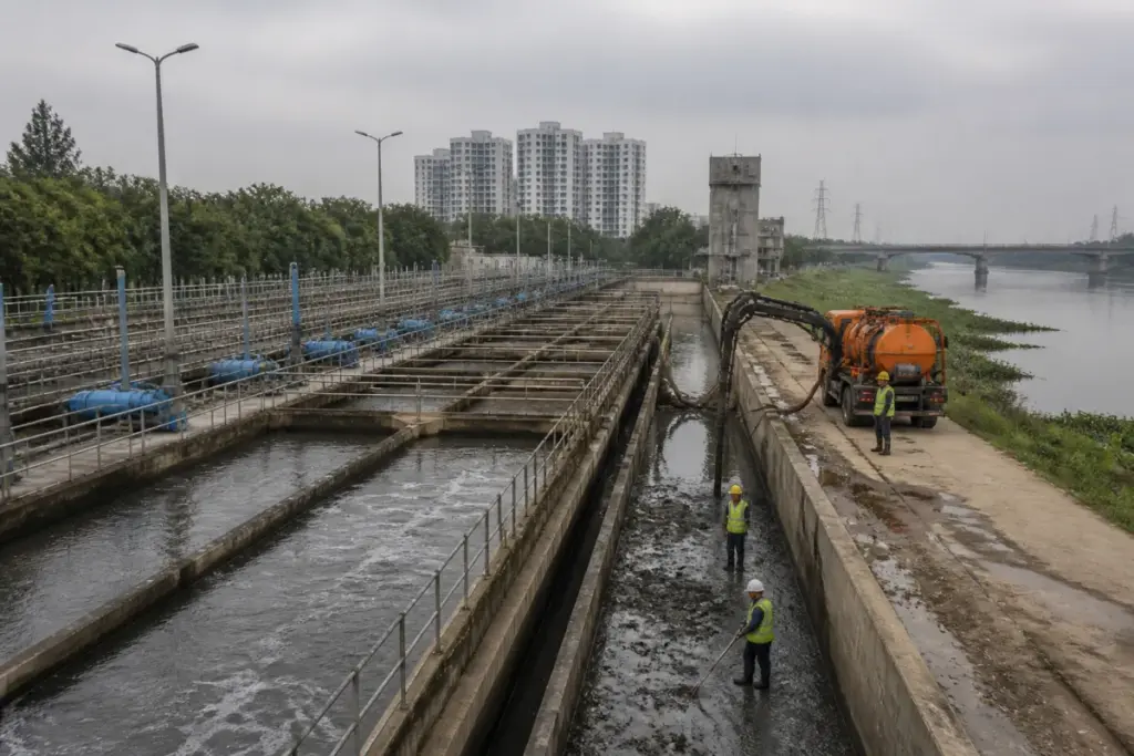 Delhi water infrastructure project with sewage treatment and river-cleaning work near the Yamuna