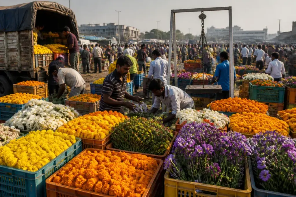 Pune flower prices fall at Market Yard as farmers unload marigold crates ahead of Dussehra.