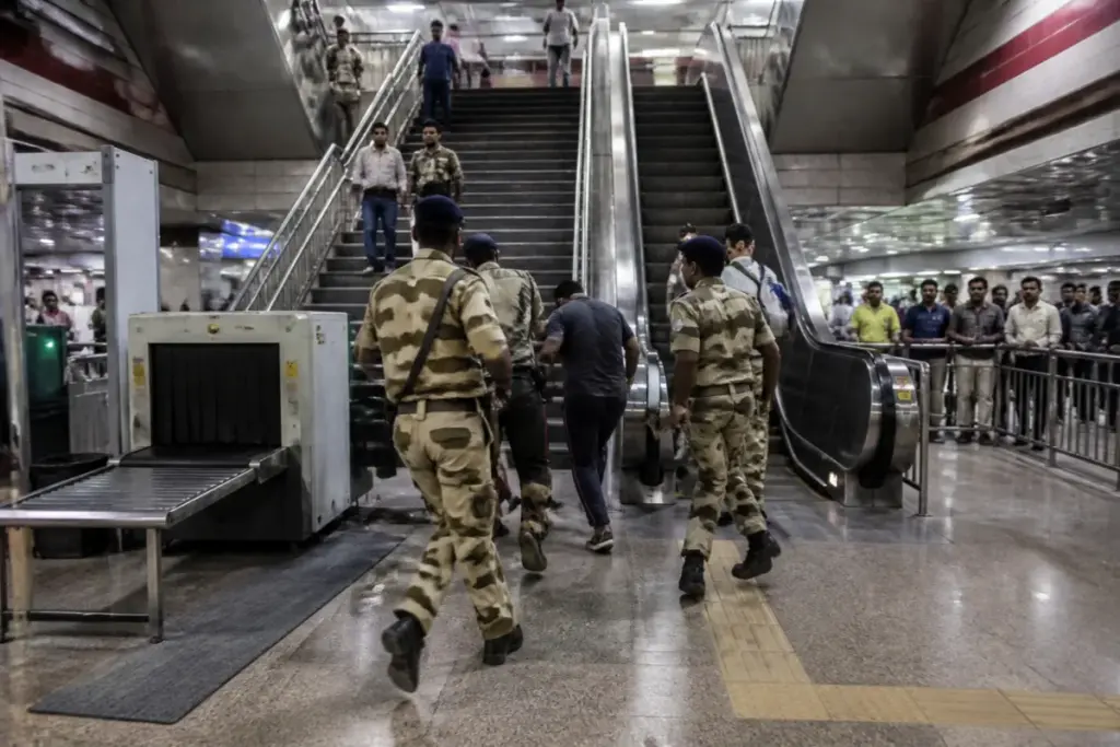 CISF personnel pursuing a passenger inside Jama Masjid Metro station during a Delhi Metro security incident