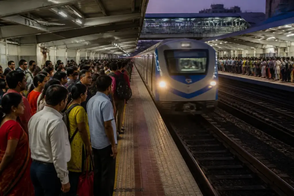 Kolkata Metro train at a station during the Durga Puja travel rush
