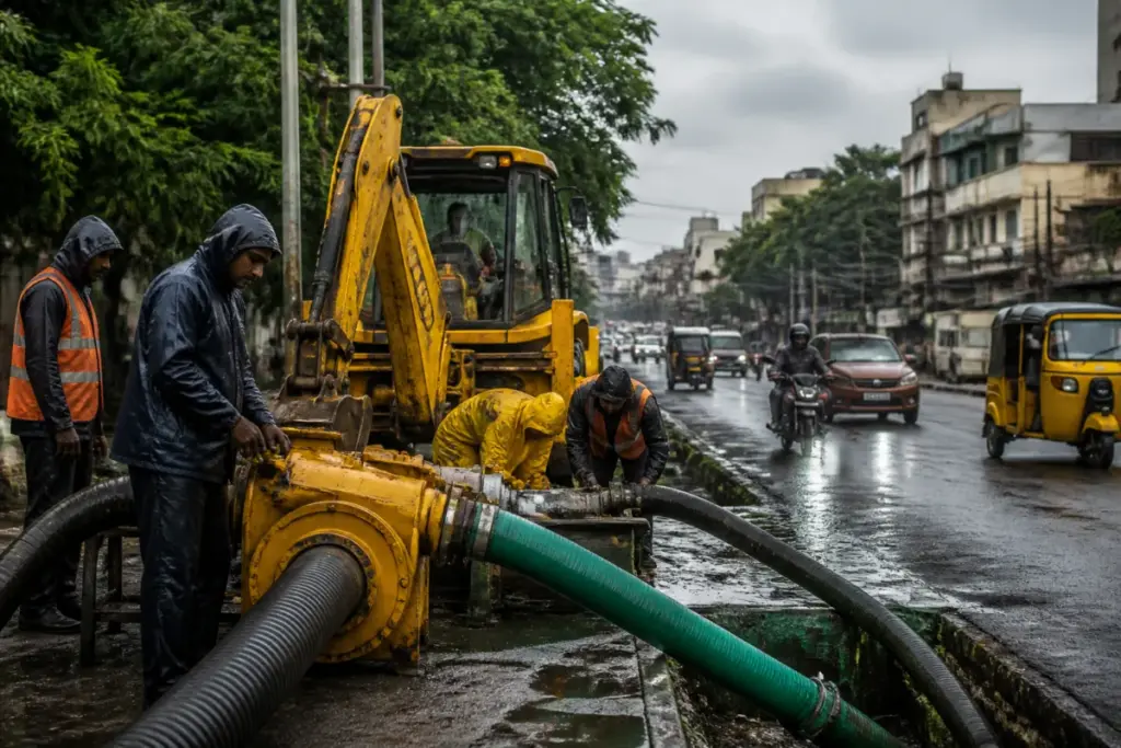 Chennai monsoon preparedness teams with pumps and civic vehicles ready for heavy rain response